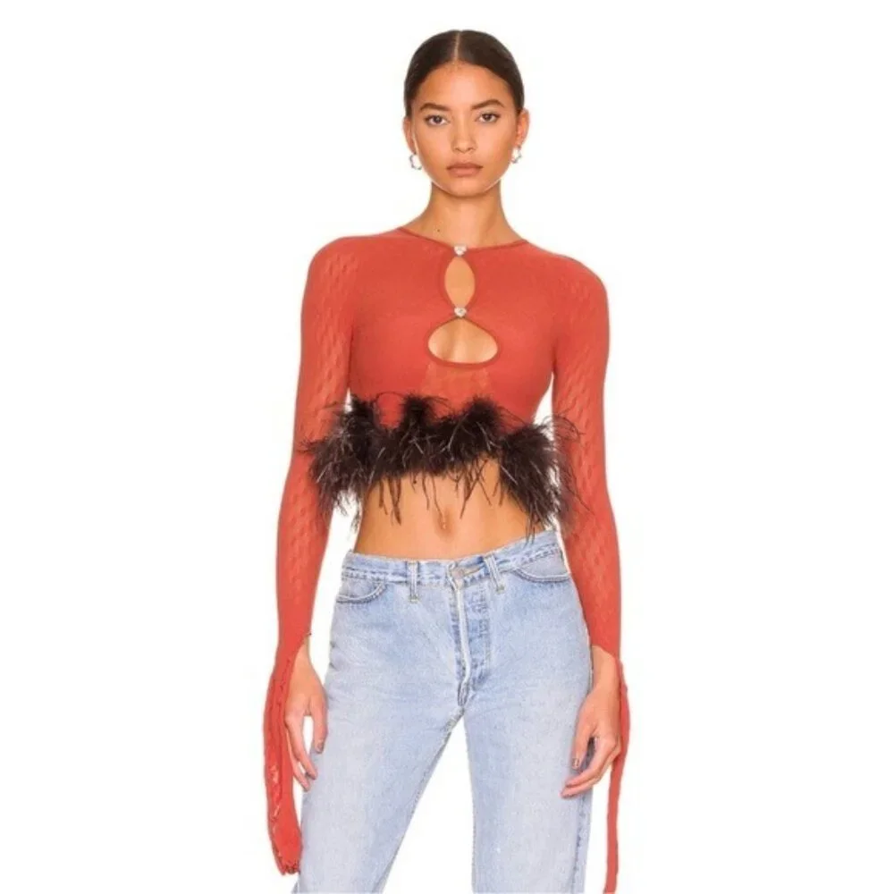 Poster Girl Mira Cutout Top OS Burnt Henna Chocolate Brown Ostrich Feathers Crop
